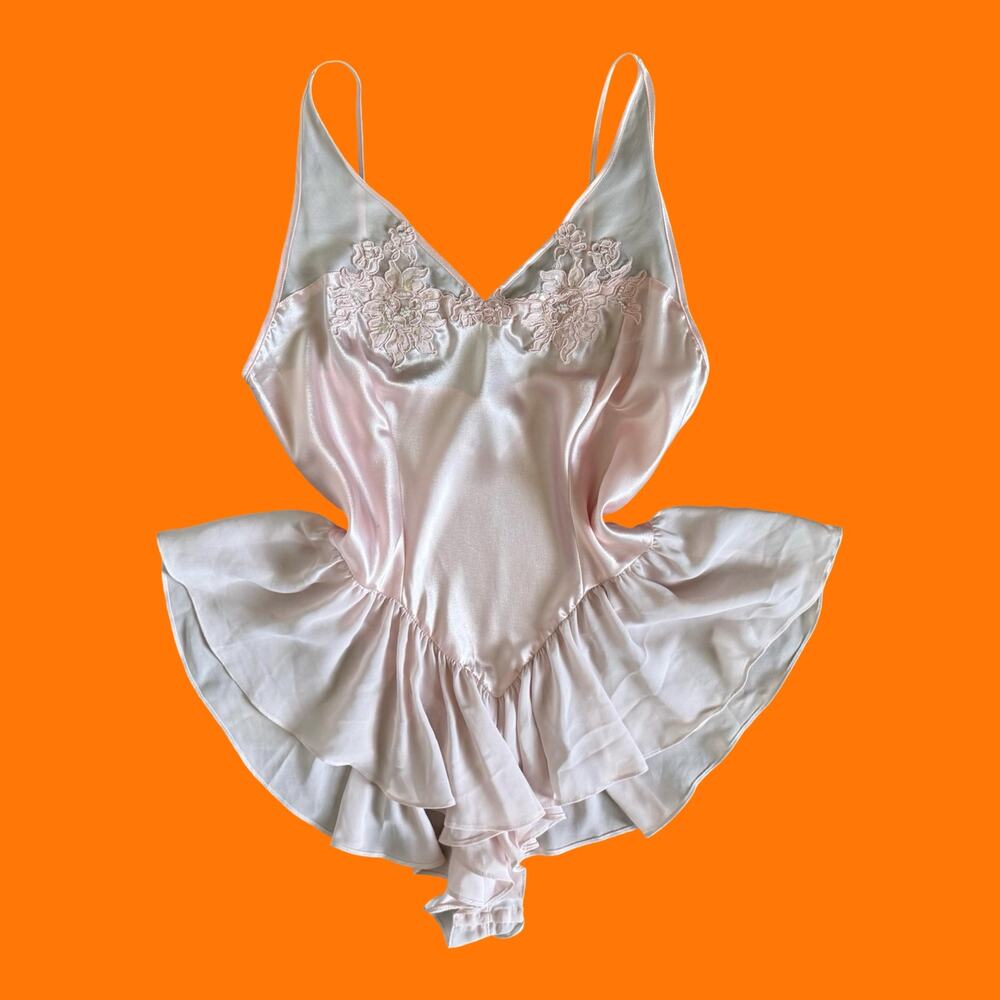 90's vintage baby pink satin chiffon lingerie coquette y2k teddy one piece M
